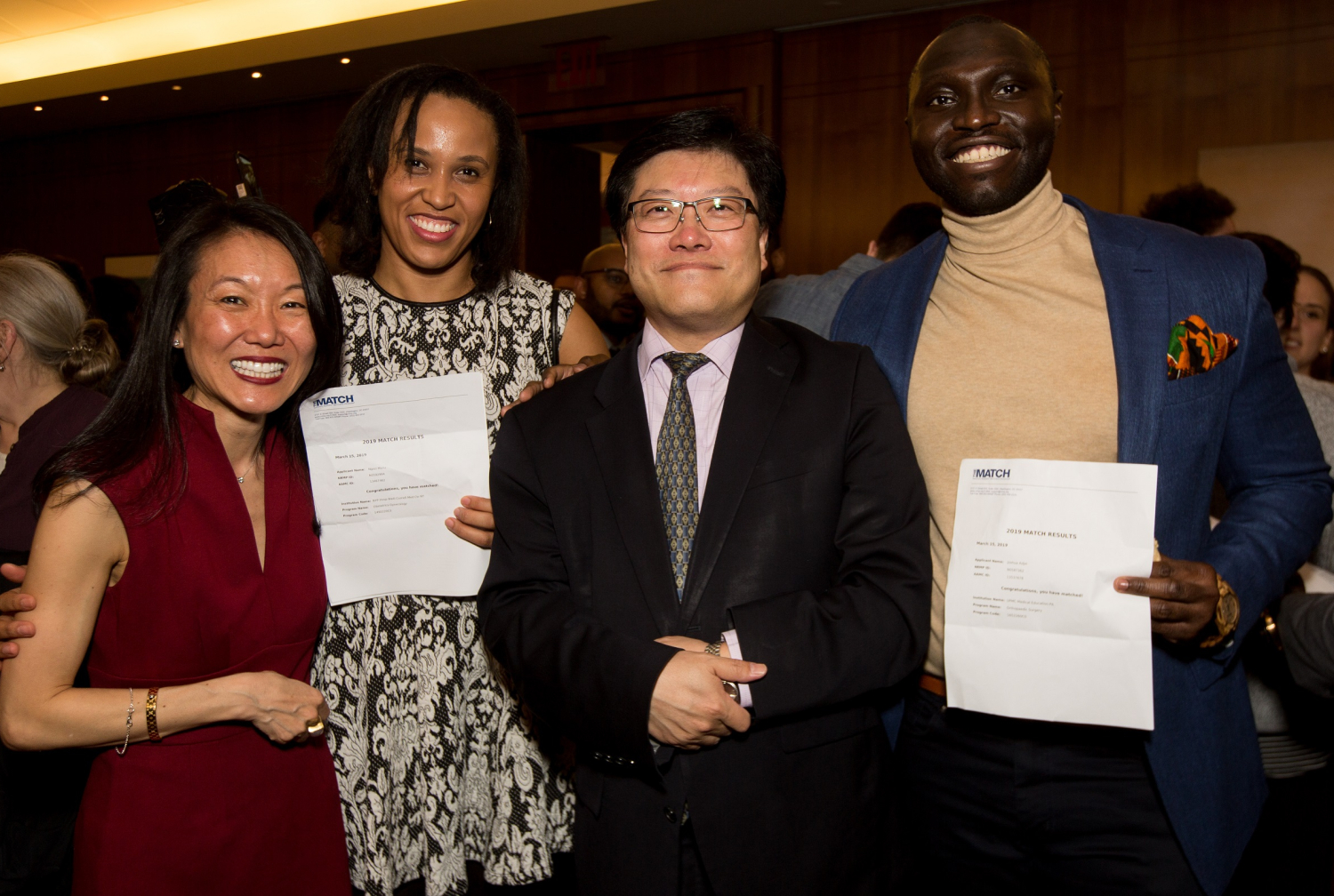 Ngozi Monu (second from left) and Joshua Adeji (right) celebrate their matches with Dr. Yoon Kang and Dr. Augustine M.K. Choi during Match Day on March 15, 2019. All photos: Ashley Jones. Click photo to view the full Match Day Flickr gallery.